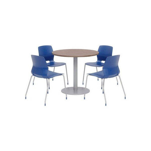Kfi KFI 42" Round Table & Chair Set, Teak Table With Navy Chairs - OLTFL42RD-B1922-SL-7960K-4-OL2700-P03