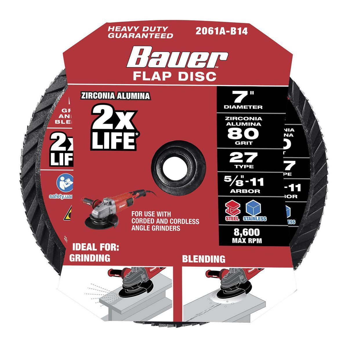 Bauer 7 pulgadas x 5/8 de pulgada -11 UNC 80 Granos Disco de Aletas Tipo 27 con respaldo de plástico y Grano de Zirconia - 58387