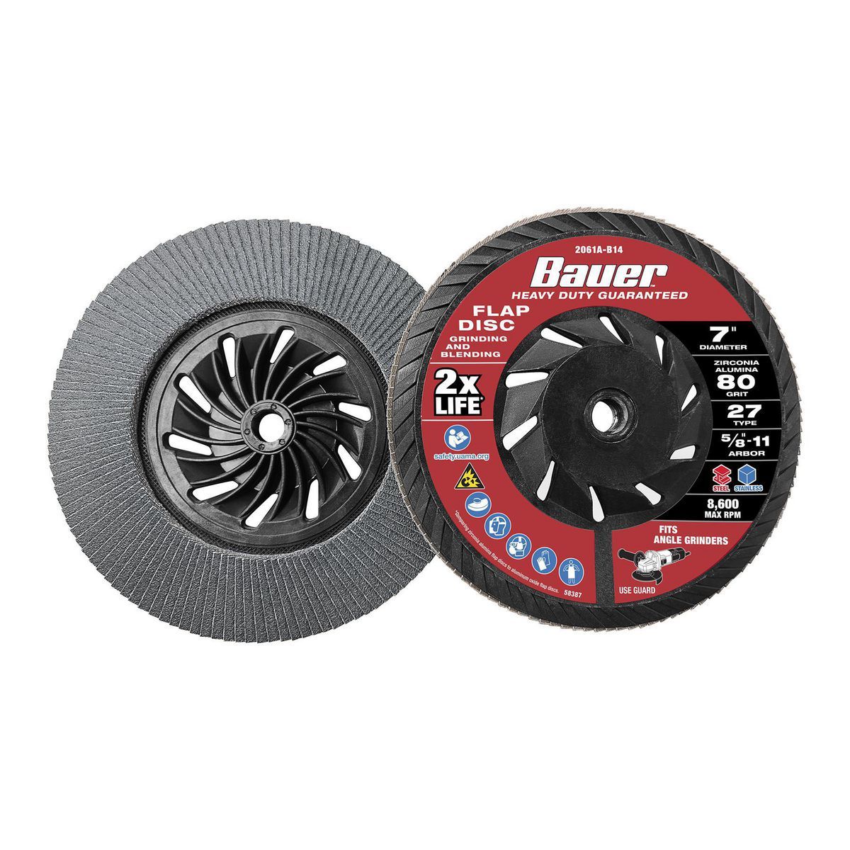Bauer 7 pulgadas x 5/8 de pulgada -11 UNC 80 Granos Disco de Aletas Tipo 27 con respaldo de plástico y Grano de Zirconia - 58387