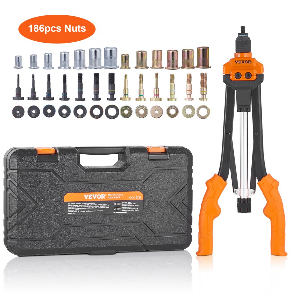 VEVOR Rivet Nut Tool, 16 inch Rivnut Tool Kit with 13PCS Metric and SAE Mandrels, 186PCS Rivet Nuts, Semi-auto Retraction, M3, M4, M5, M6, M8, M10, M12, 1/4-20, 5/16-18, 3/8-16, 1/2-13, 8-32, 10-24 - MLMQBZDTDSBSA9LDQV0