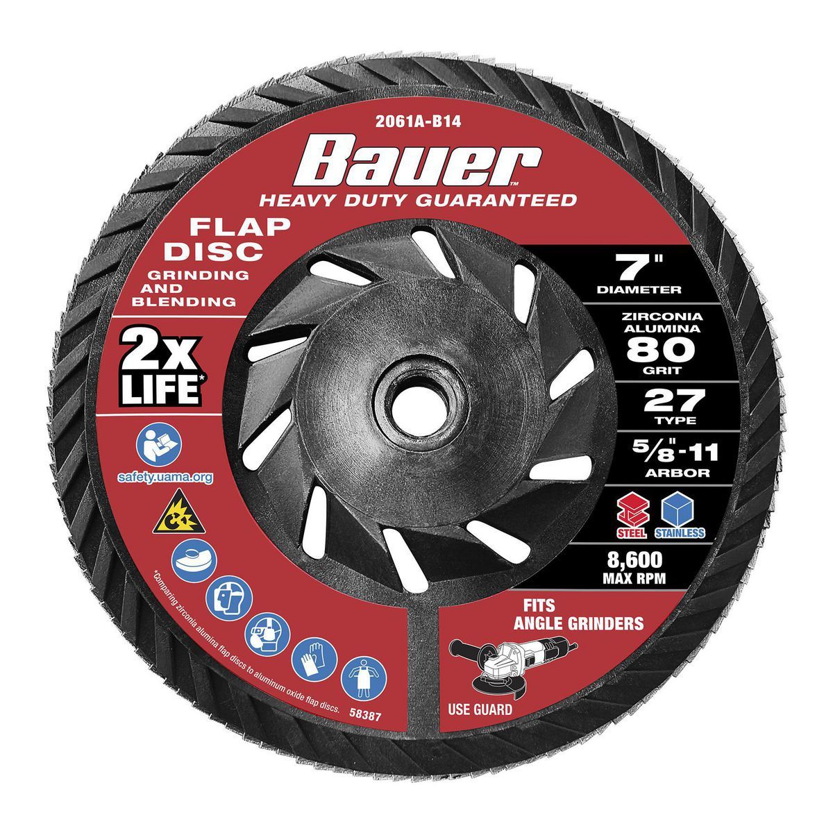 Bauer 7 pulgadas x 5/8 de pulgada -11 UNC 80 Granos Disco de Aletas Tipo 27 con respaldo de plástico y Grano de Zirconia - 58387