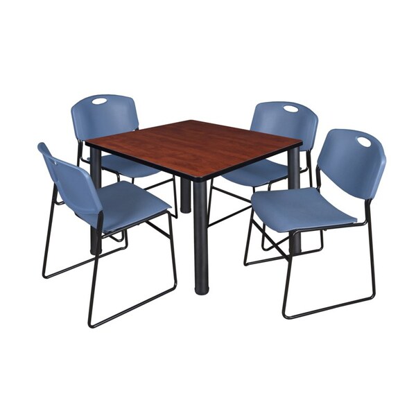 Kee/Zeng Square Cherry Table/4 Blue Chairs, Square, 36", 36" W, 29" H, Cherry - TB3636CHBPBK44BE