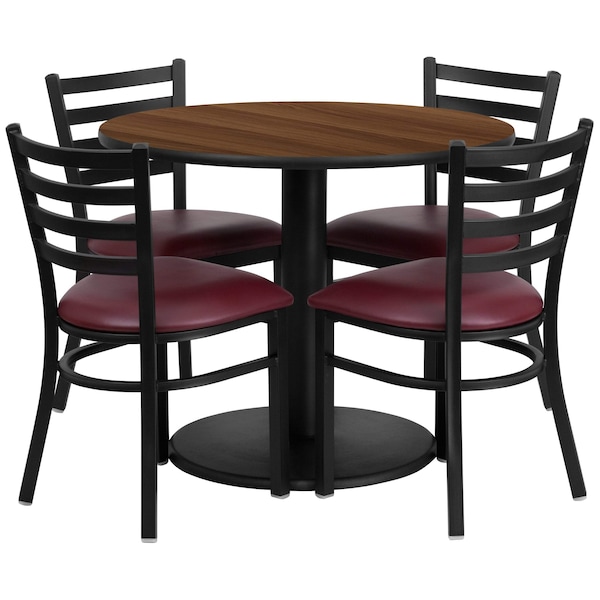 Flash Furniture Round Walnut Tble Set, Brgndy Seat, Rnd Base, 36", 36" W, 36" L, 30" H, Laminate Top, Wood Grain - RSRB1008-GG