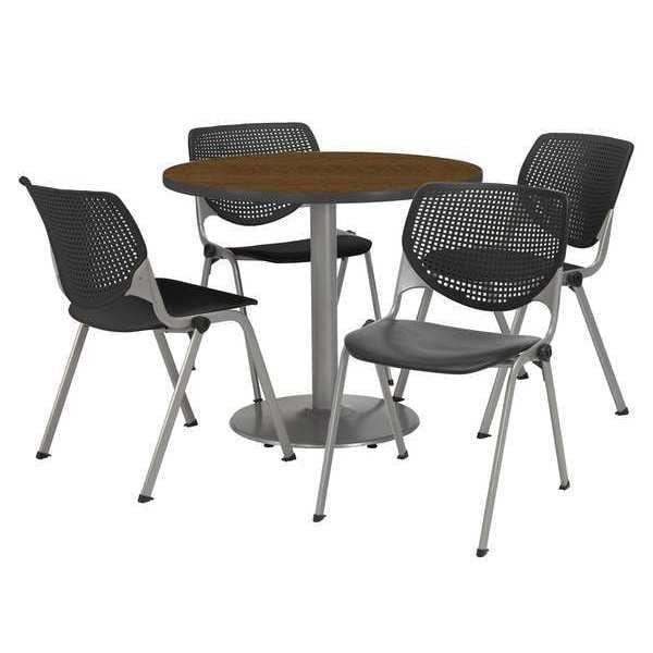 Kfi Round KFI Round 36" Dia. Pedestal Table with 4 Black KOOL Series Stack Chairs, Walnut Laminate Top - T36RD-B1922SL-WL-2300-P10