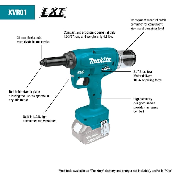 Makita 18V LXT® Brushless Rivet Tool - XVR01Z