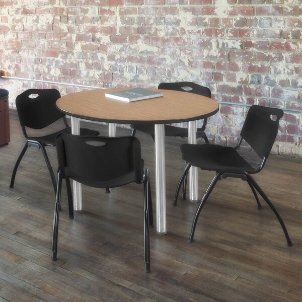 Regency Round Kee Breakroom Table W/ 4 M Stack Chairs, 36 in W, 36 in L, Noble Oak - TB36RNDNOBPCM47BK