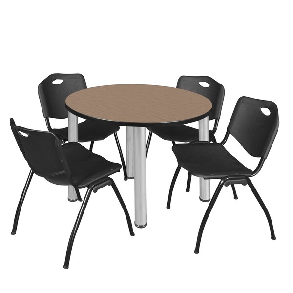 Regency Round Kee Breakroom Table W/ 4 M Stack Chairs, 36 in W, 36 in L, Noble Oak - TB36RNDNOBPCM47BK
