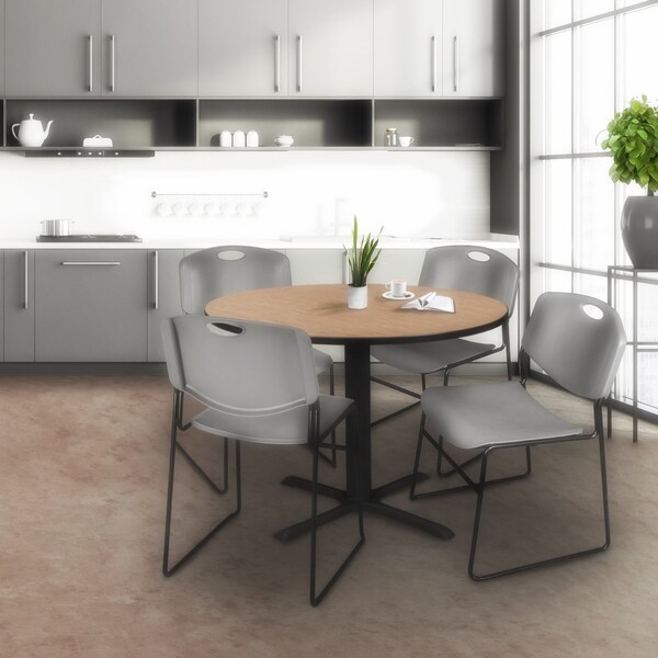 Regency Round Cain Breakroom Table W/ 4 Zeng Stack Chairs, 48 in W, 48 in L, Noble Oak - TB48RNDNO44GY