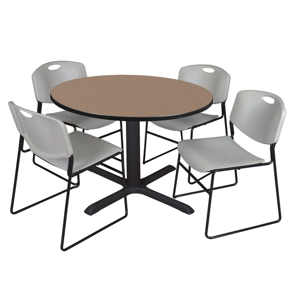 Regency Round Cain Breakroom Table W/ 4 Zeng Stack Chairs, 48 in W, 48 in L, Noble Oak - TB48RNDNO44GY