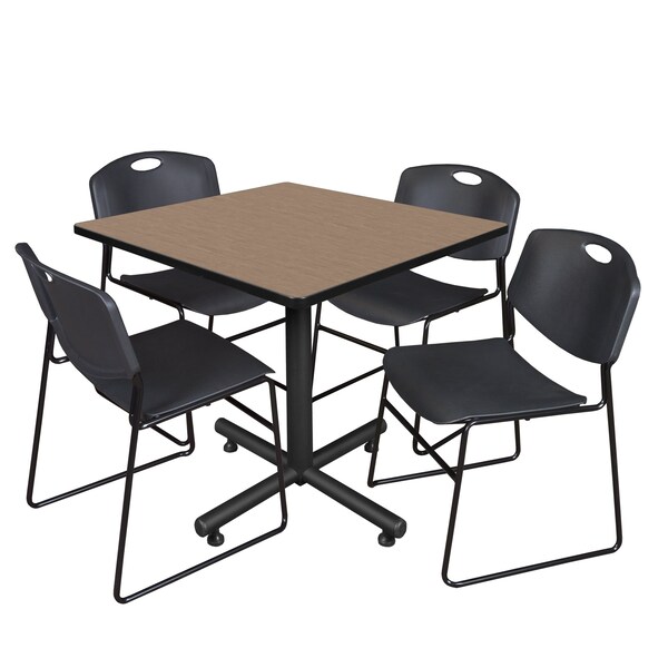 Regency Square Kobe Breakroom Table W/ 4 Zeng Stack Chairs, 36 in W, 36 in L, Noble Oak - TKB3636NO44BK
