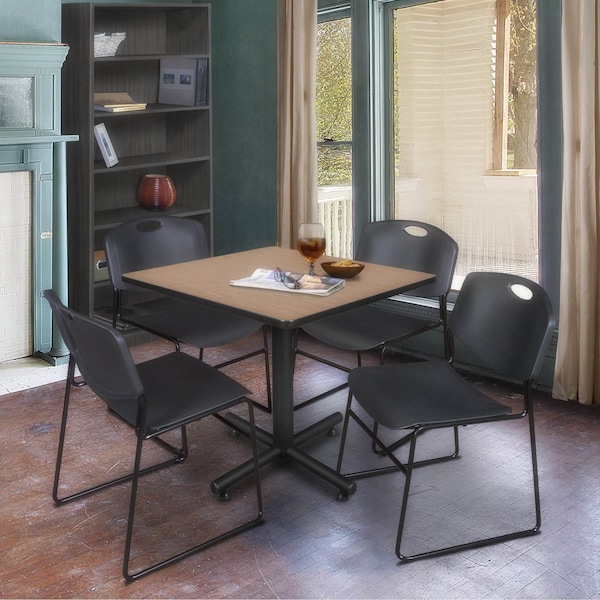 Regency Square Kobe Breakroom Table W/ 4 Zeng Stack Chairs, 36 in W, 36 in L, Noble Oak - TKB3636NO44BK