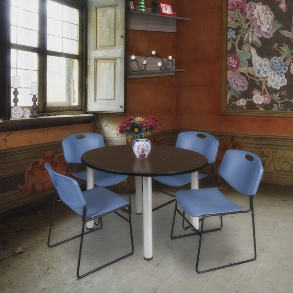 Regency Round Kee Breakroom Table W/ 4 Zeng Stack Chairs, 42 in W, 42 in L, Neo Walnut - TB42RNDNWBPCM44BE