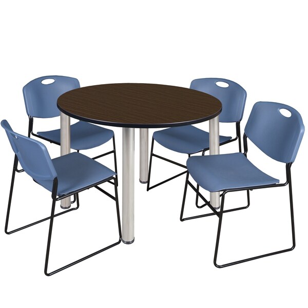 Regency Round Kee Breakroom Table W/ 4 Zeng Stack Chairs, 42 in W, 42 in L, Neo Walnut - TB42RNDNWBPCM44BE