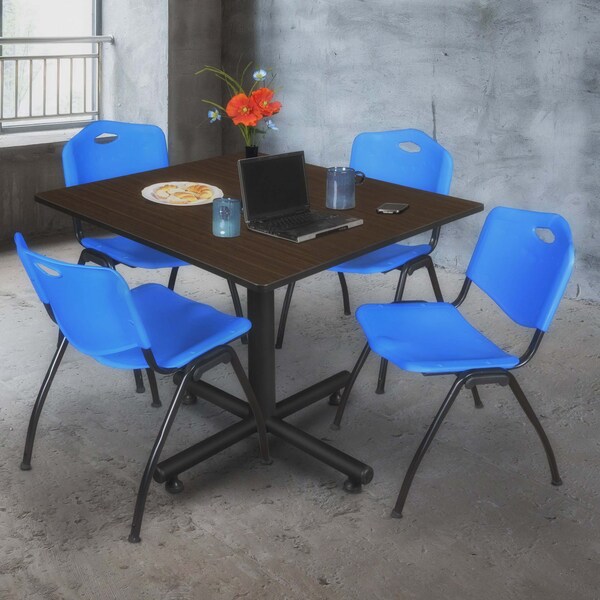 Regency Square Kobe Breakroom Table W/ 4 M Stack Chairs, 48 in W, 48 in L, Neo Walnut - TKB4848NW47BE
