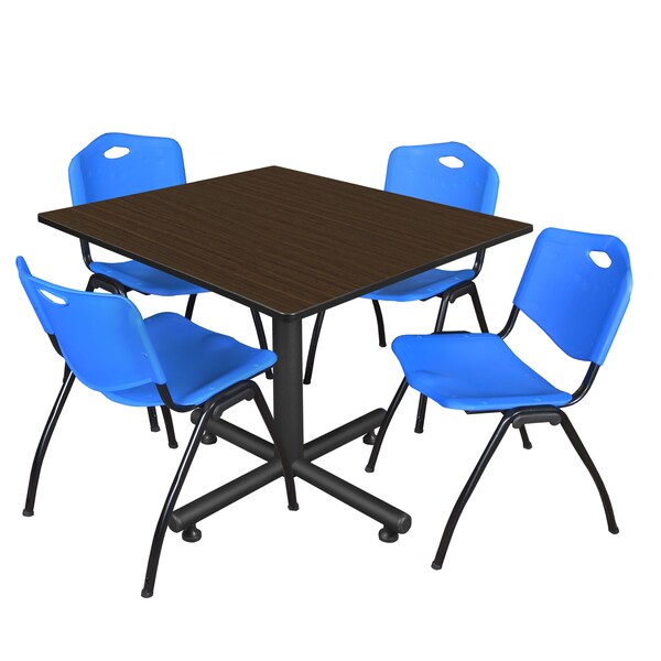 Regency Square Kobe Breakroom Table W/ 4 M Stack Chairs, 48 in W, 48 in L, Neo Walnut - TKB4848NW47BE