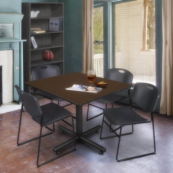 Regency Square Kobe Breakroom Table W/ 4 Zeng Stack Chairs, 48 in W, 48 in L, Neo Walnut - TKB4848NW44BK