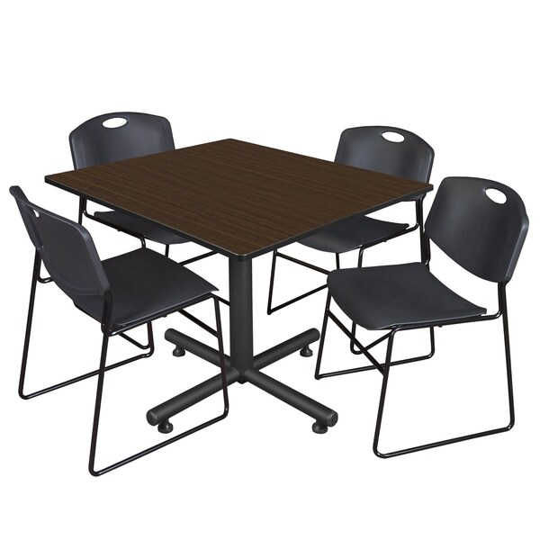 Regency Square Kobe Breakroom Table W/ 4 Zeng Stack Chairs, 48 in W, 48 in L, Neo Walnut - TKB4848NW44BK