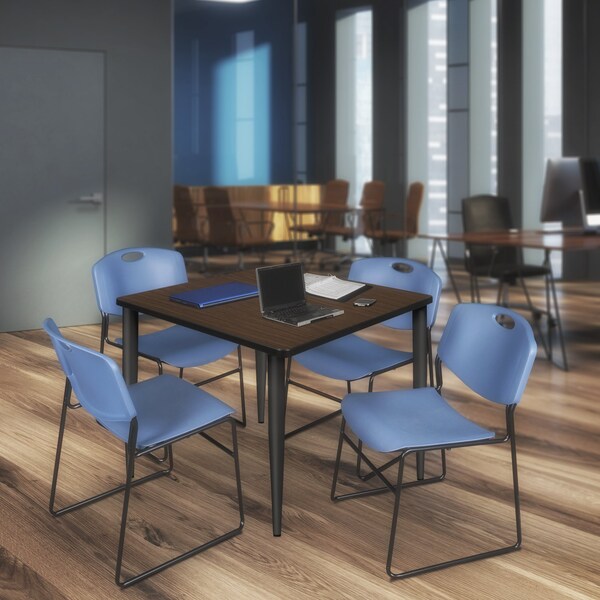 Regency Square Kahlo Breakroom Table W/ 4 Zeng Stack Chairs, 42 in W, 42 in L, Neo Walnut - TPL4242NWBK44BE