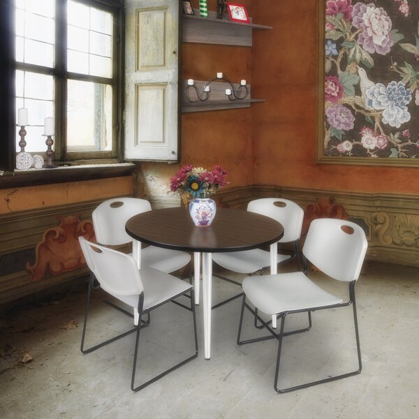 Regency Round Kahlo Breakroom Table W/ 4 Zeng Stack Chairs, 42 in W, 42 in L, Neo Walnut - TPL42RNDNWCM44GY