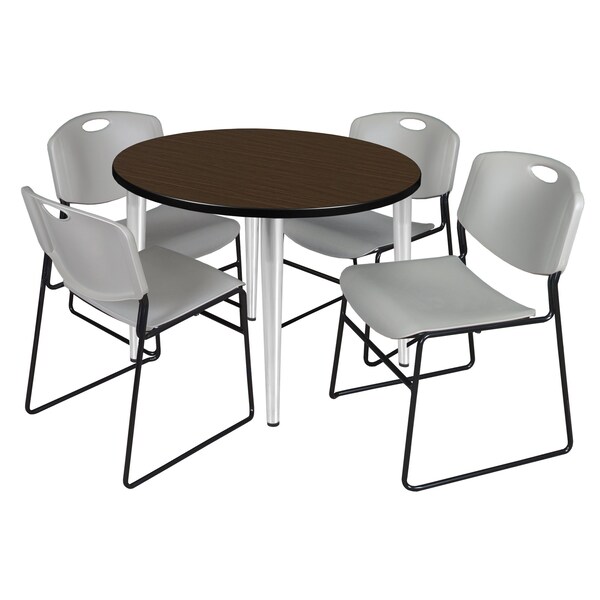 Regency Round Kahlo Breakroom Table W/ 4 Zeng Stack Chairs, 42 in W, 42 in L, Neo Walnut - TPL42RNDNWCM44GY