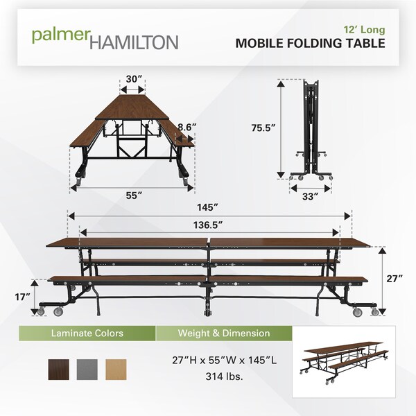 Palmer Hamilton Rectangle Cafeteria Bench Table, 145 in W, 27 in H, Montana Walnut - 19F18273012MWTB