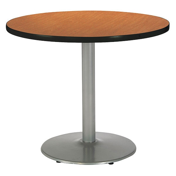 Kfi Round Ped Table, Medium Oak/Silver, 42"Dx29"H, 29" (Cafe Height) H, HPL Top, Medium Oak - T42RD-B1922SL-MO