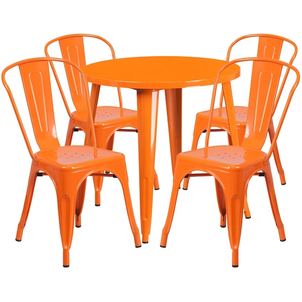 Flash Furniture Round Orange Metal Set, 30RD, 30" W, 30" L, 29.5" H, Metal Top, Orange - CH-51090TH-4-18CAFE-OR-GG