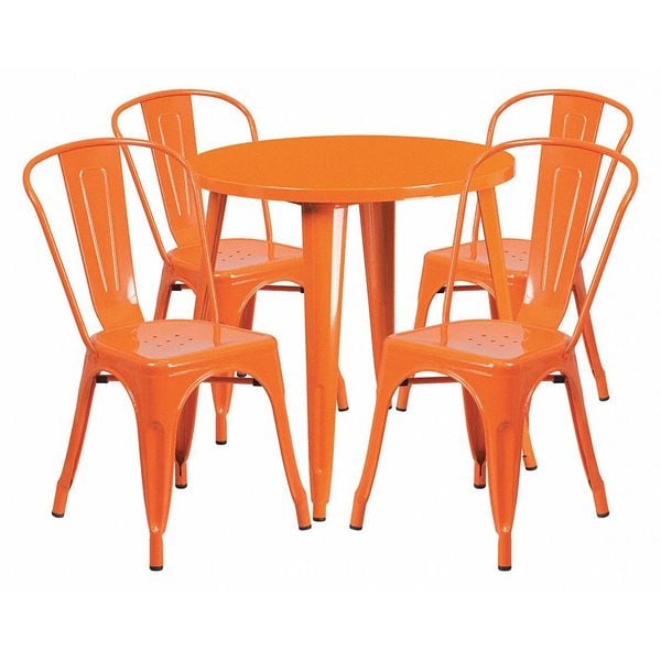 Flash Furniture Round Orange Metal Set, 30RD, 30" W, 30" L, 29.5" H, Metal Top, Orange - CH-51090TH-4-18CAFE-OR-GG