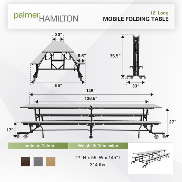 Palmer Hamilton Rectangle Cafeteria Bench Table, 145 in W, 27 in H, Gray Glace - 19F18273012GB