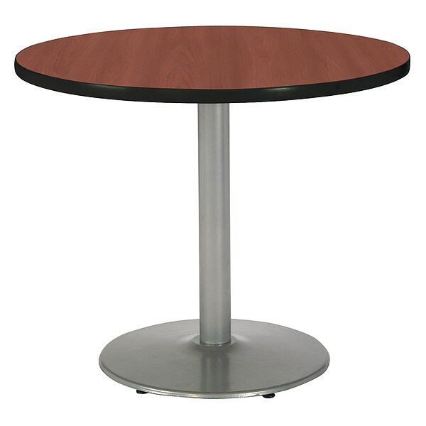 Kfi Round Ped Table, Dark Mahogany/Silver, 42"Dx29"H, 29" (Cafe Height) H, HPL Top, Mahogany - T42RD-B1922SL-MH