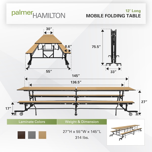 Palmer Hamilton Rectangle Cafeteria Bench Table, 145 in W, 27 in H, Fusion Maple - 19F18273012FB