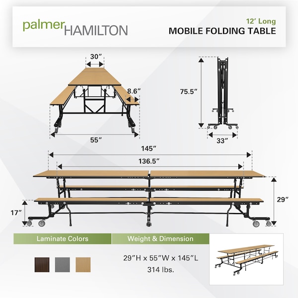 Palmer Hamilton Rectangle Cafeteria Bench Table, 145 in W, 29 in H, Fusion Maple - 19F18293012FB