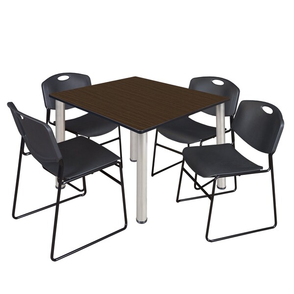 Regency Square Kee Breakroom Table W/ 4 Zeng Stack Chairs, 48 in W, 48 in L, Neo Walnut - TB4848NWBPCM44BK