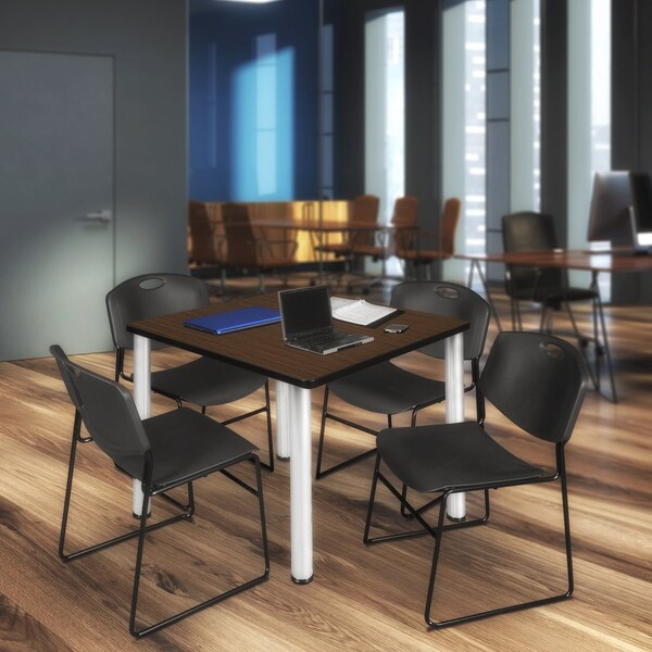 Regency Square Kee Breakroom Table W/ 4 Zeng Stack Chairs, 48 in W, 48 in L, Neo Walnut - TB4848NWBPCM44BK