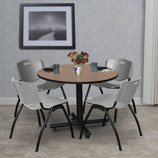 Regency Round Kobe Breakroom Table W/ 4 M Stack Chairs, 42 in W, 42 in L, Noble Oak - TKB42RNDNO47GY