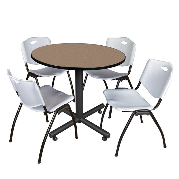 Regency Round Kobe Breakroom Table W/ 4 M Stack Chairs, 42 in W, 42 in L, Noble Oak - TKB42RNDNO47GY
