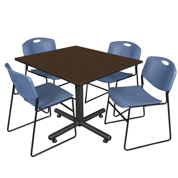 Regency Square Kobe Breakroom Table W/ 4 Zeng Stack Chairs, 48 in W, 48 in L, Neo Walnut - TKB4848NW44BE