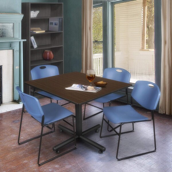 Regency Square Kobe Breakroom Table W/ 4 Zeng Stack Chairs, 48 in W, 48 in L, Neo Walnut - TKB4848NW44BE