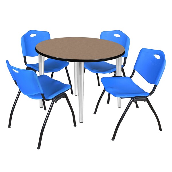 Regency Round Kahlo Breakroom Table W/ 4 M Stack Chairs, 42 in W, 42 in L, Noble Oak - TPL42RNDNOCM47BE