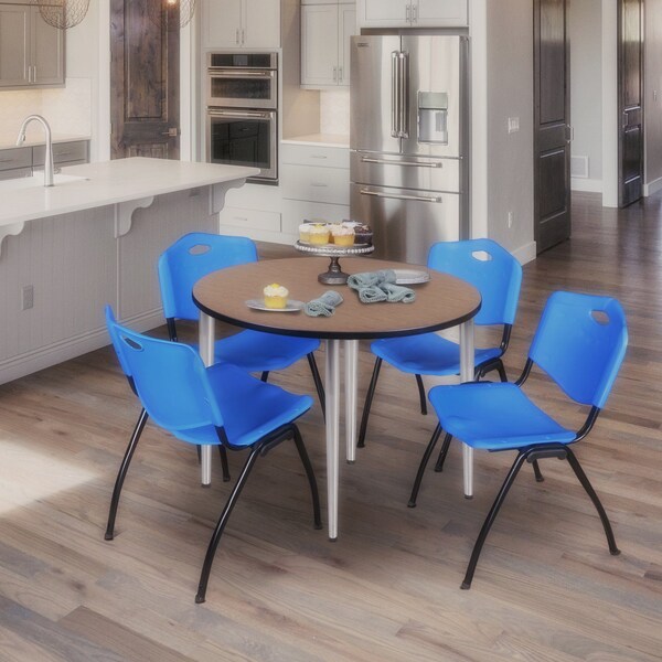 Regency Round Kahlo Breakroom Table W/ 4 M Stack Chairs, 42 in W, 42 in L, Noble Oak - TPL42RNDNOCM47BE