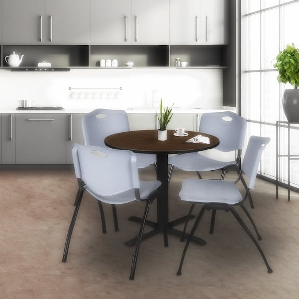 Regency Round Cain Breakroom Table W/ 4 M Stack Chairs, 30 in W, 30 in L, Neo Walnut - TB30RNDNW47GY