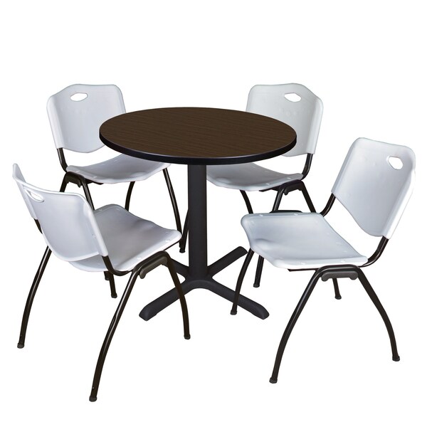 Regency Round Cain Breakroom Table W/ 4 M Stack Chairs, 30 in W, 30 in L, Neo Walnut - TB30RNDNW47GY