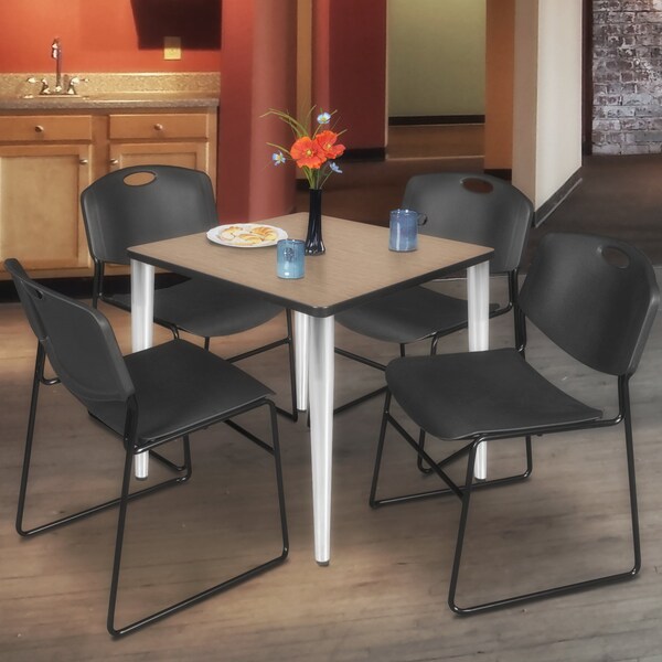 Regency Square Kahlo Breakroom Table W/ 4 Zeng Stack Chairs, 36 in W, 36 in L, Noble Oak - TPL3636NOCM44BK