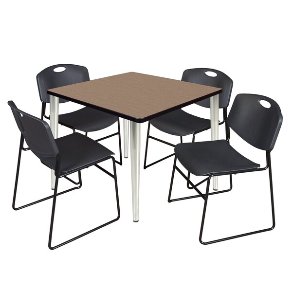 Regency Square Kahlo Breakroom Table W/ 4 Zeng Stack Chairs, 36 in W, 36 in L, Noble Oak - TPL3636NOCM44BK