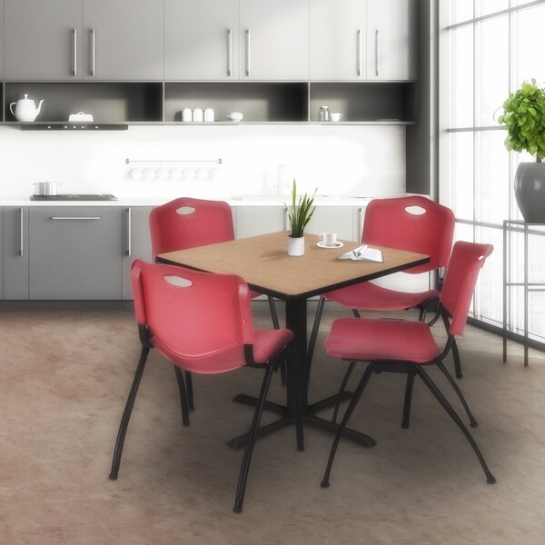 Regency Square Cain Breakroom Table W/ 4 M Stack Chairs, 42 in W, 42 in L, Noble Oak - TB4242NO47BY