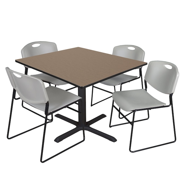 Regency Square Cain Breakroom Table W/ 4 Zeng Stack Chairs, 48 in W, 48 in L, Noble Oak - TB4848NO44GY