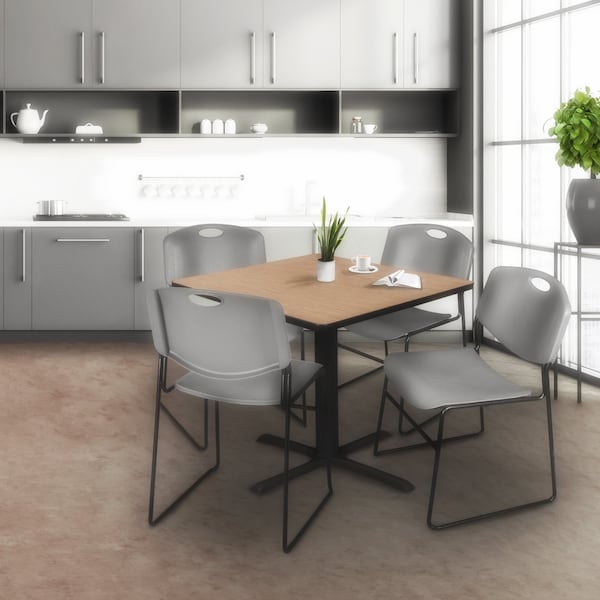 Regency Square Cain Breakroom Table W/ 4 Zeng Stack Chairs, 48 in W, 48 in L, Noble Oak - TB4848NO44GY