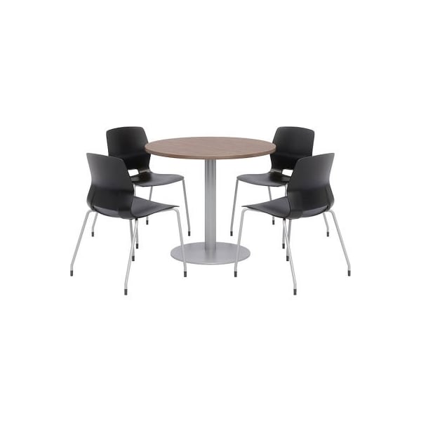 Kfi KFI 42" Round Table & Chair Set, Teak Table With Black Chairs - OLTFL42RD-B1922-SL-7960K-4-OL2700-P10