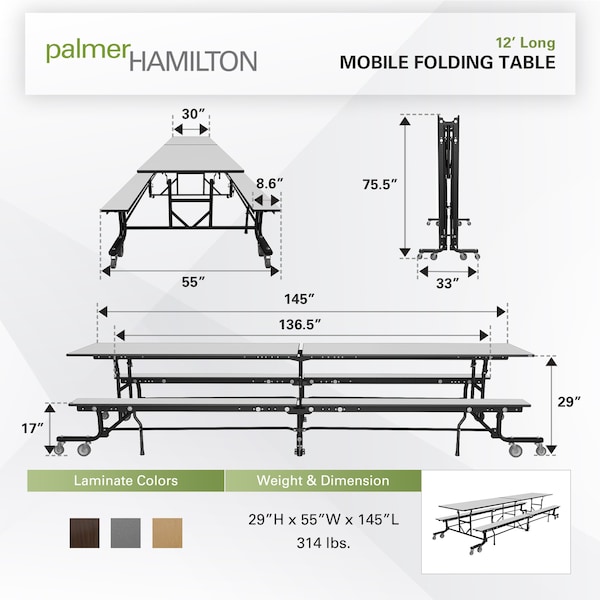 Palmer Hamilton Rectangle Cafeteria Bench Table, 145 in W, 29 in H, Gray Glace - 19F18293012GB