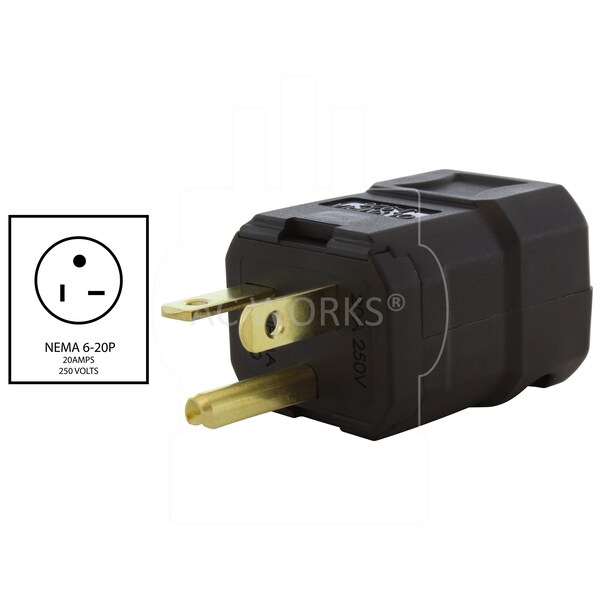 Ac Works NEMA 6-20P 20A 250V Clamp Style Square Plug with UL, C-UL Approval in Black - ASQ620P-BK